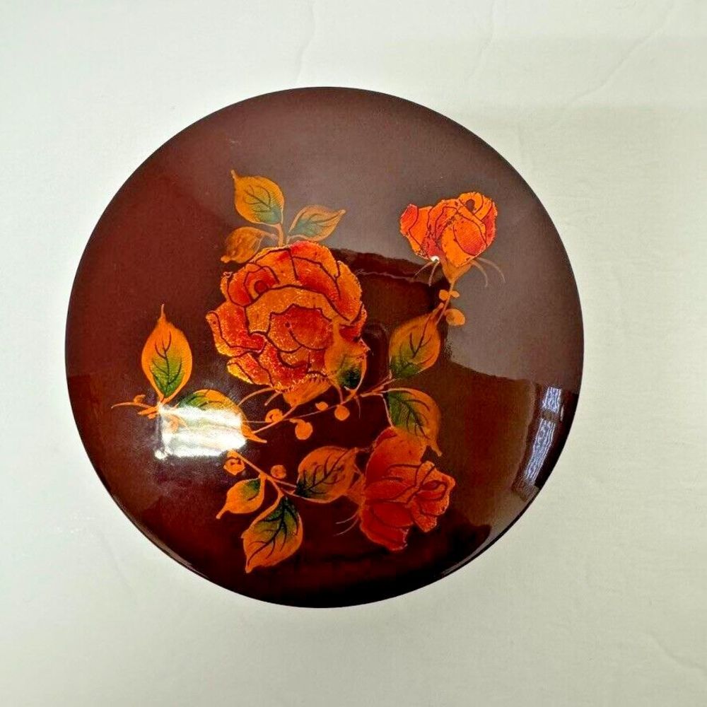Vintage Roses Hand Painted on  Round Lacquer Box from Vietnam - Tiny Flaw